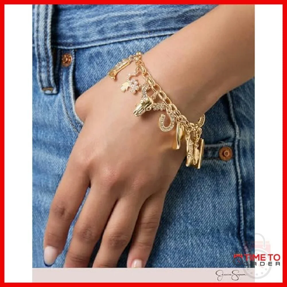 Gold Tone Charm Bracelet 14 Western Charms Adjustable 7+3 Inch